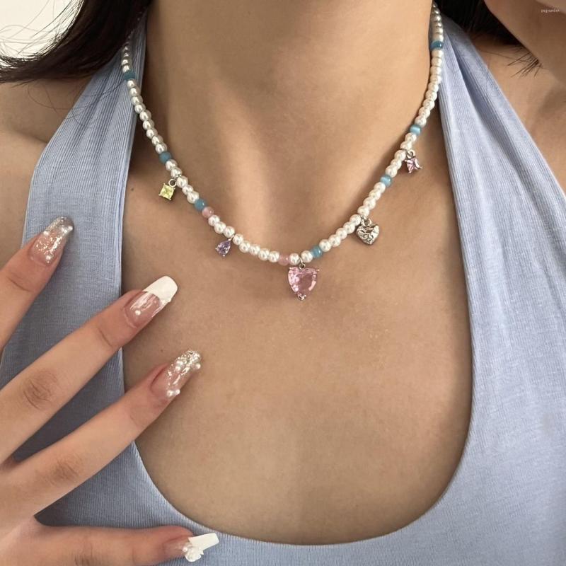 

Choker Sweet Cool Y2k Jewelry Cute Pink Crystal Love Heart Necklaces Elegant Pearl Chains Korean Fashion Accessories For Women