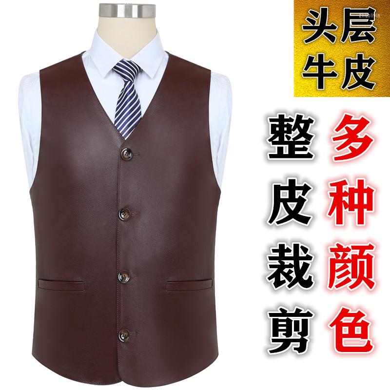 

Men's Vests 2022 Men's First Layer Cowhide Vest Multi-Button Casual Leather, Black