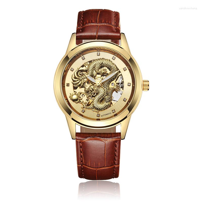 

Wristwatches Golden Dragon Skeleton Mechanical Watch Men Automatic Self-Wind Watches Leather Band Wristwatch Male Relogio Masculino, Color 1