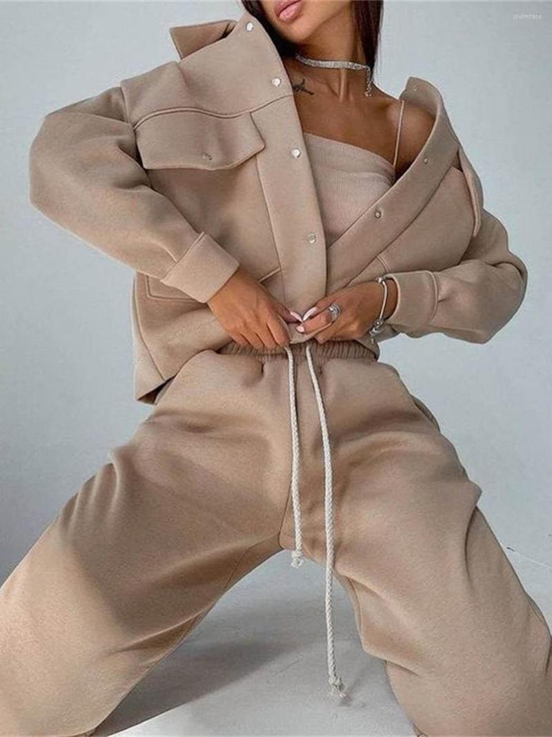 

Women' Down 2022 Winter Women' Sweatshirt 2 Piece Set Streetwear Button Woolen Jacket Drawstring Trousers Fahsion Warm Autumn Coat, Black