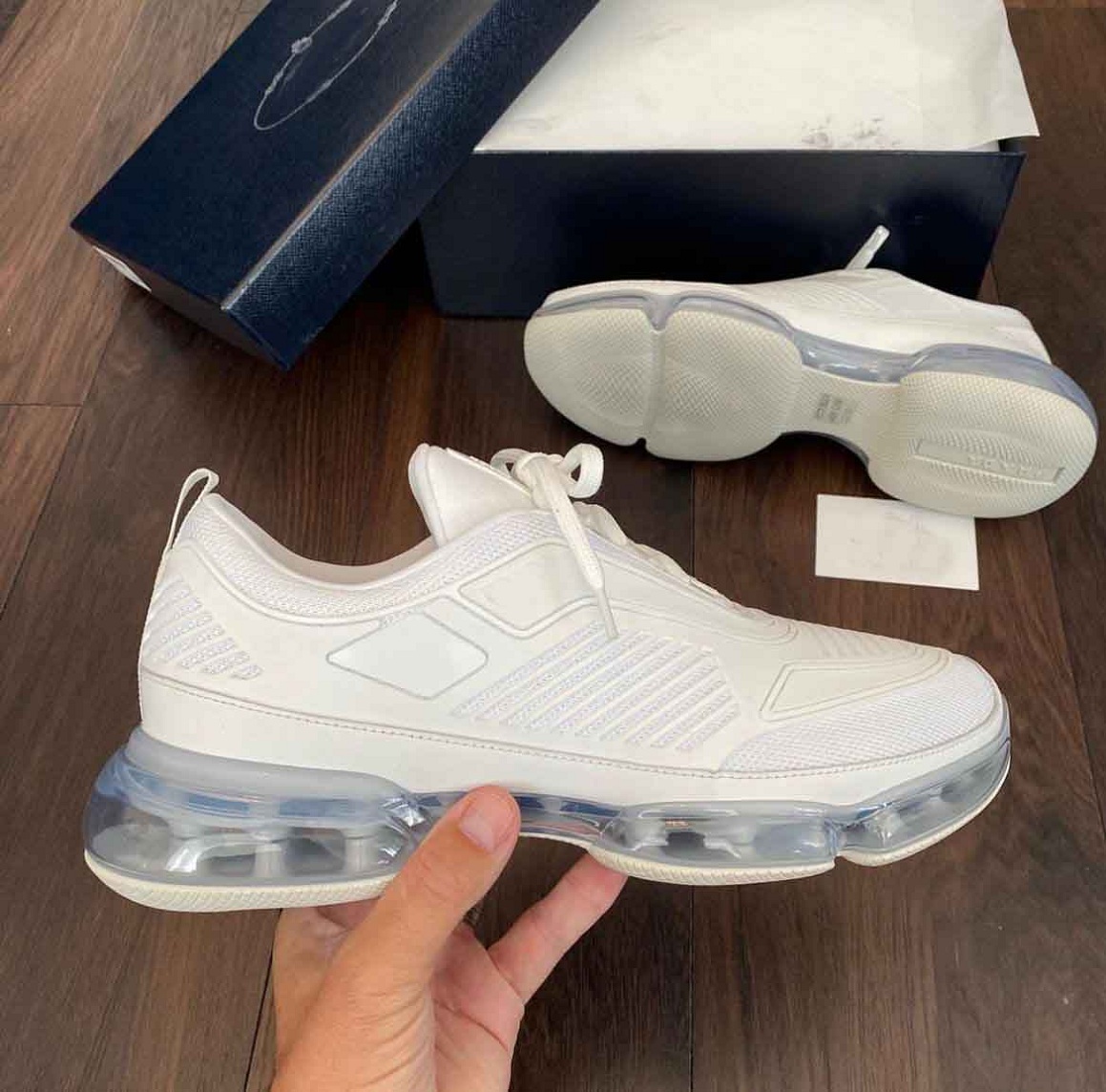 

Men Prad Top-quality 1.1 Cloudbust Air Sneakers Shoes Transparent Rubber Chunky Sole Runner Sports White Black Knit Fabric Mesh Breath Trainers