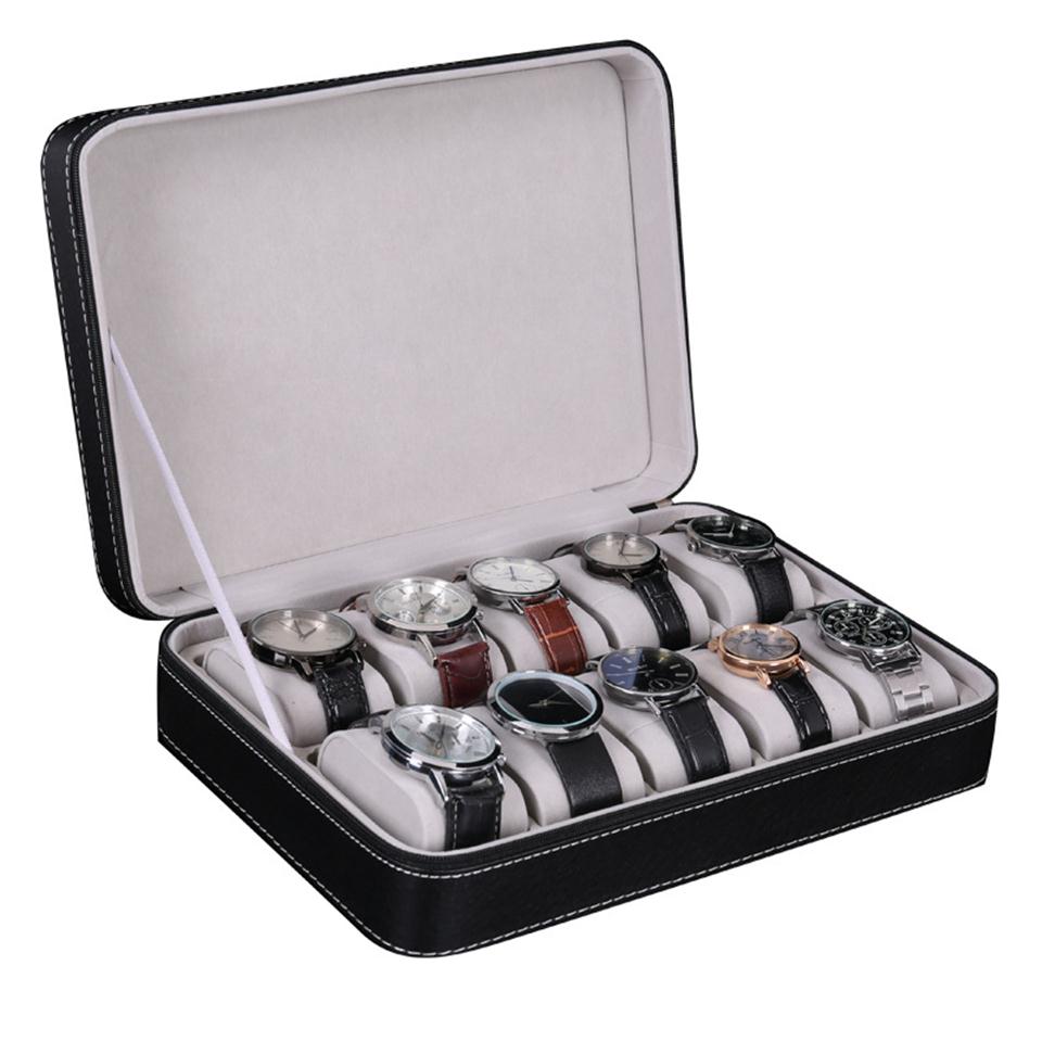 

10 Slot Watch Box Storage Boxes Display Case Jewelry Organizer with 10 Removable Watch Pillow Velvet Lining Zipper Closure Synthetic Le317K