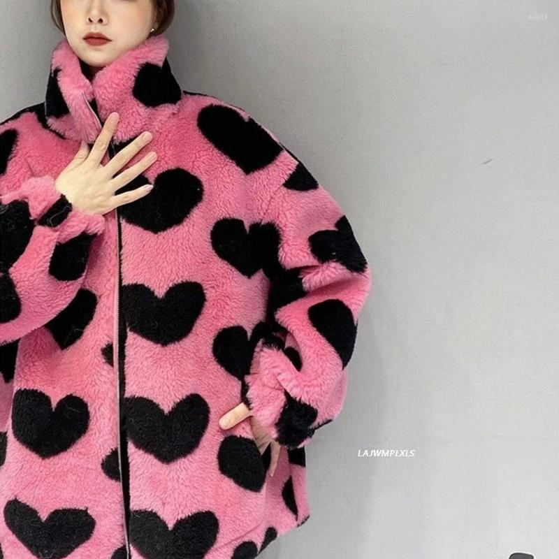 

Women' Fur Harajuku Heart Full Print Plush Jacket Women Winter 2022 Korean Large Size Long Sleeve Hooded Cotton Coat Thick Warm, White