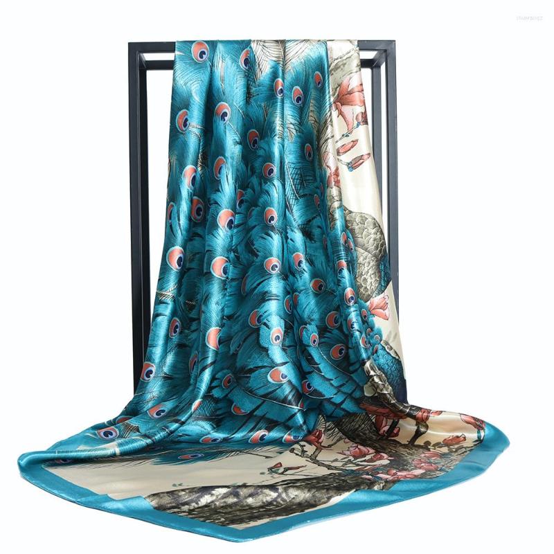 

Scarves Silk Scarf Women Beautiful Peacock Print Accessories Foulard Satin Bandana Cheveux Neckerchief Hijab Head Designer