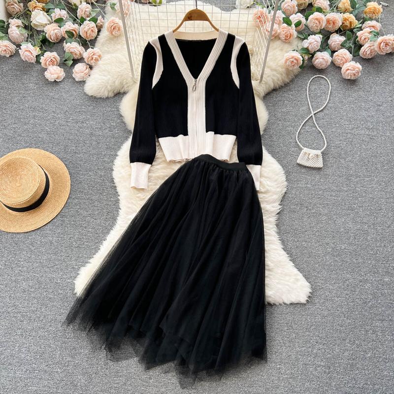 

Work Dresses Soft Elegant Vintage Women Sweater Suits 2 Pieces Sets Zipper Cardigan & Long Mesh Dress Ladies Knitted Tracksuits, Black set
