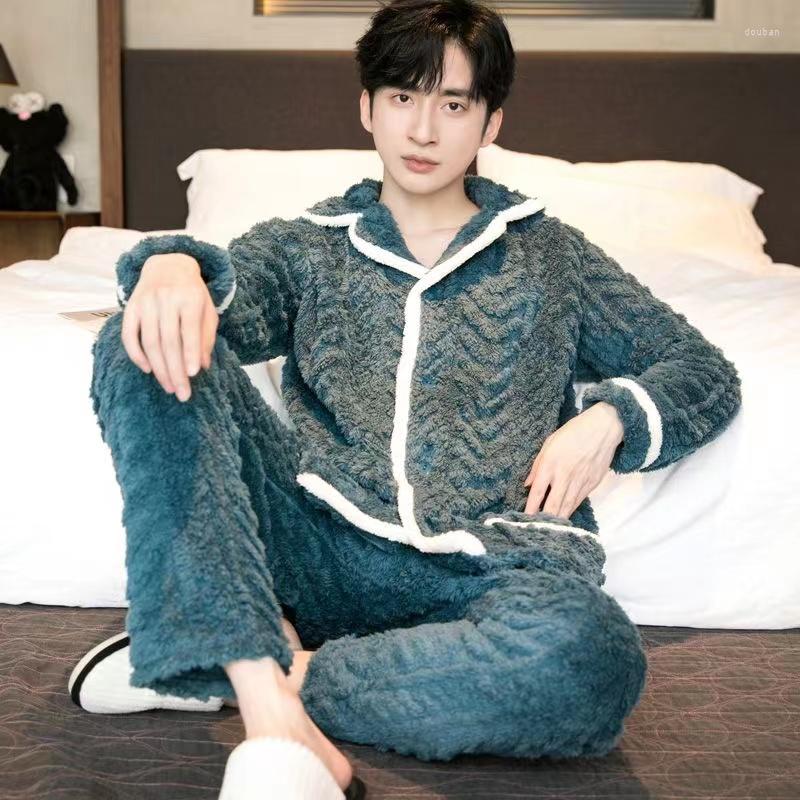 

Men's Sleepwear Men's Pajamas Thick Warm Winter Pijamas Suits Coral Fleece Long-Sleeved Trousers 2 Pcs/Lot Homewear, Color3