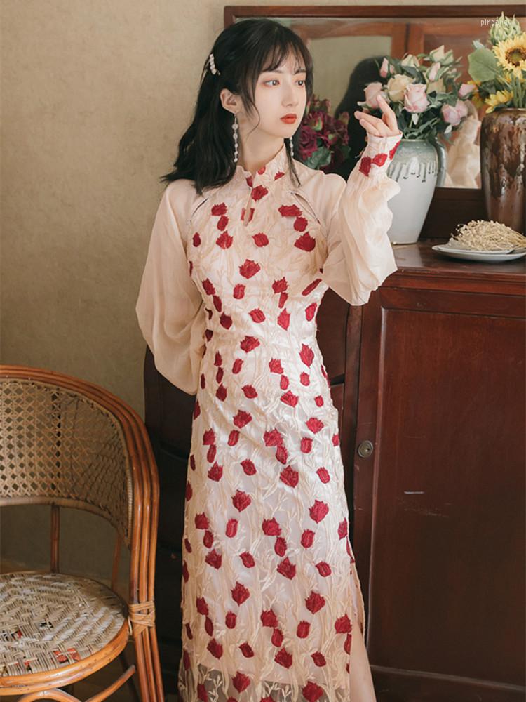 

Casual Dresses Girl Rose Embroidere Retro Cheongsam Vestidos Improved Lantern Sleeve Stand Collar Self-cultivation Temperament Split Sexy, Photo color
