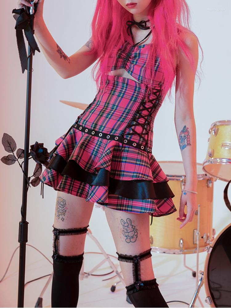 

Casual Dresses HOUZHOU Harajuku Punk Plaid Mini Dress Women Grunge Hollow Out Drawstring Bandage Spaghetti Strap Pink Gothic Streetwear
