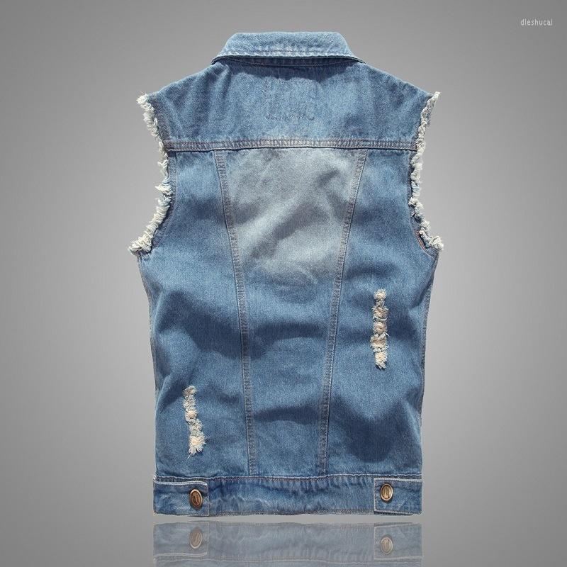 

Men' Vests Arrival Denim Vest For Korean Style Slim Light Bule Sleeveless Jacket Plus Size 6xl Ripped Tops Coat Men Jeans Waistcoat, Dark blue
