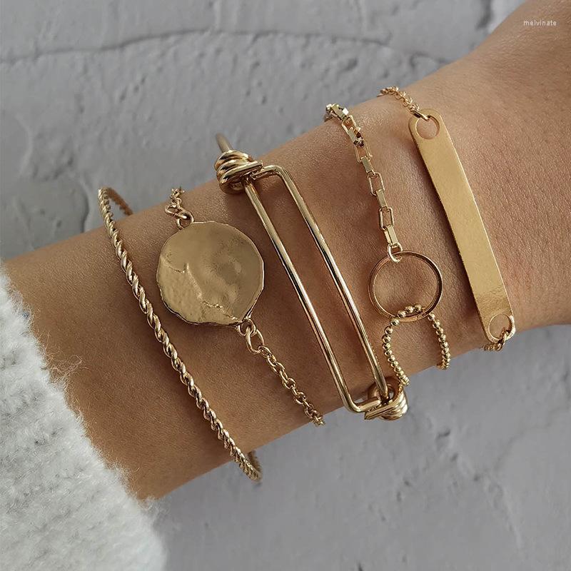 

Link Bracelets 5 Pcs/Set Simple Women Set Gold Color Chain Ring Irregular Ladies Sexy Birthday Party Beach Jewelry