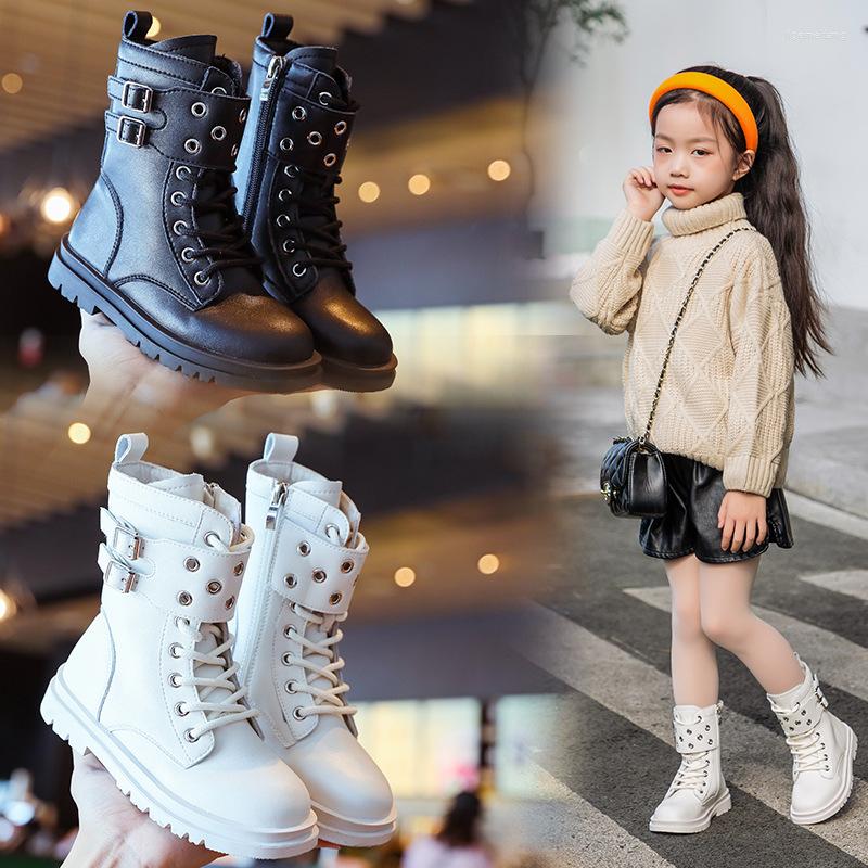 

Boots Girl Autumn Winter British Leather Short Metal Buckle Ankle Warm Plush Cotton Shoes Non-slip Casual Flats, Black