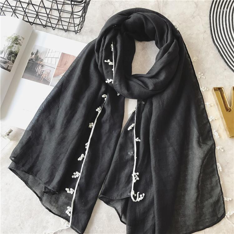 

Scarves 2022 Fashion Pompon Trim Cotton Pure Color And Shawls Women Solid Hijab Wrap Muffler 10pcs/Lot