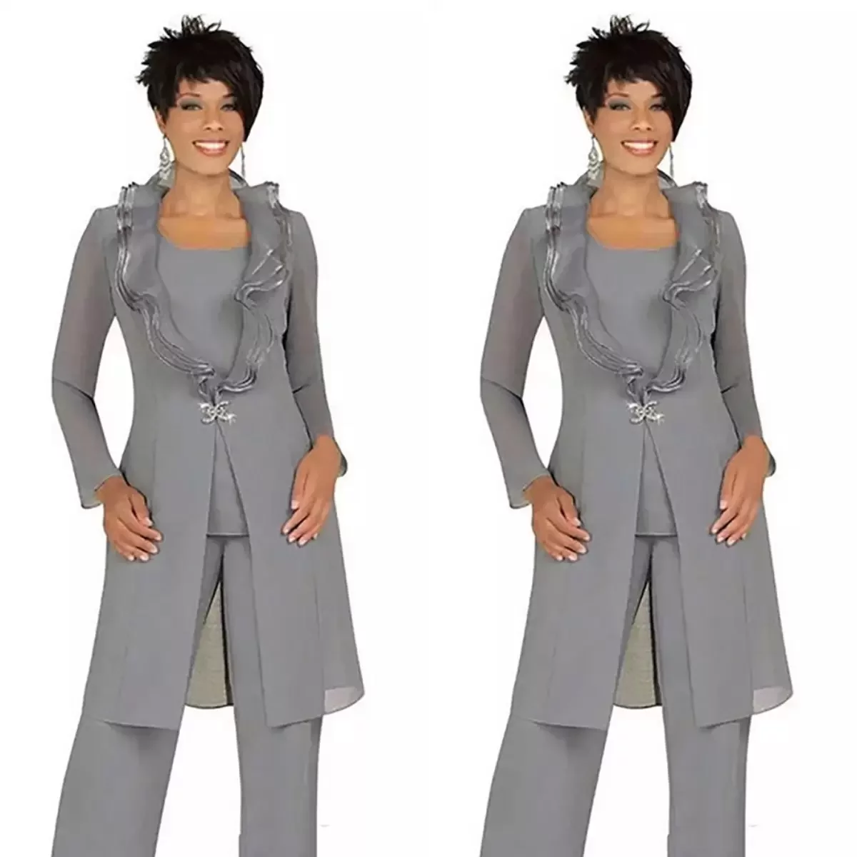 

Three Pieces Gray Chiffon Mother of the Bride Pant Suits with Long Jacket Women Wedding Guest Dresses Formal Evening Outfits Groom Custom Made Mom Wear