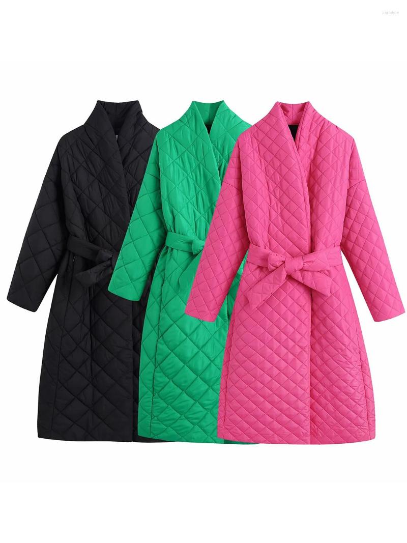 

Women's Down 2022 Winter And Autumn Coat Casual Fashion Padded Jacket Lattice Lapel V-neck Waist Belted Warm Thick Long Cotton Ouwear, Yellow
