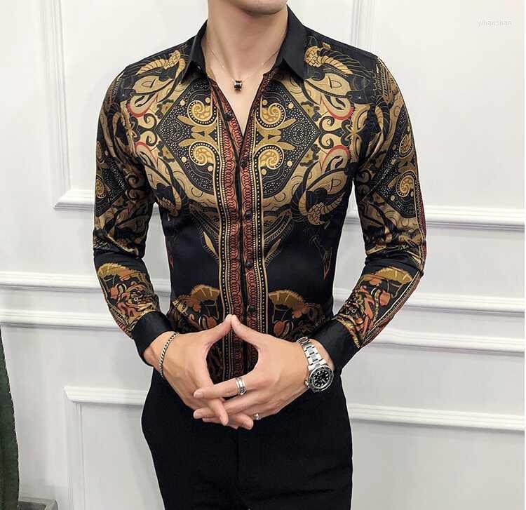 

Men's Casual Shirts Men's Black Gold Print Mens Shirt Slim Fit Vintage Men Camisa 2022 Homme Male Long Sleeve, As picture shown