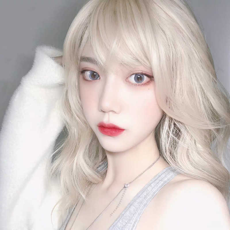 

Hair Lace Wigs Net Red Same Beige Wig Female Air Bangs Medium Long Wave Slightly Curly Hair, Pale gold