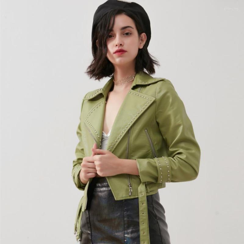 

Women' Leather Pu Street Style Rivet Beading Jacket Female Locomotive Outerwear Was Thin Lapel Colalr Jackets F2023, Beige