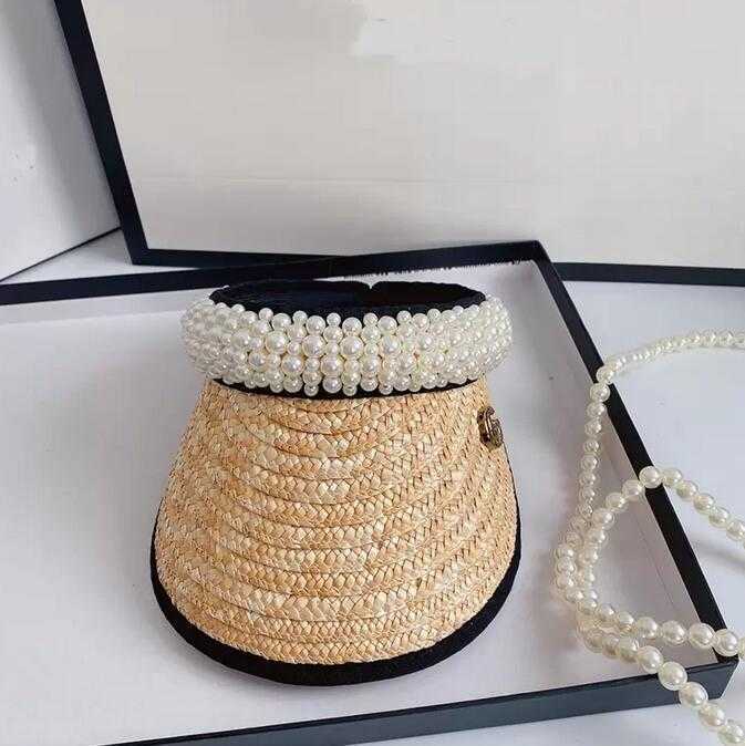 

Women Straw Pearl Sun Hats Pearls Designers Empty Top Letter Printed Hat Grass Braid Summer Sun Ultraviolet Protection Raffia Wide Brim Caps 2023, Khaki (without box)