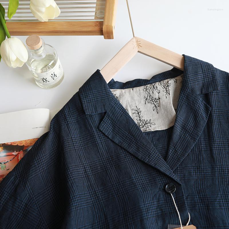 

Women's Suits Spring Autumn Women All-match Japan Style Mori Kei Plaid Loose Comfortable Linen Coats Blazers, Blue