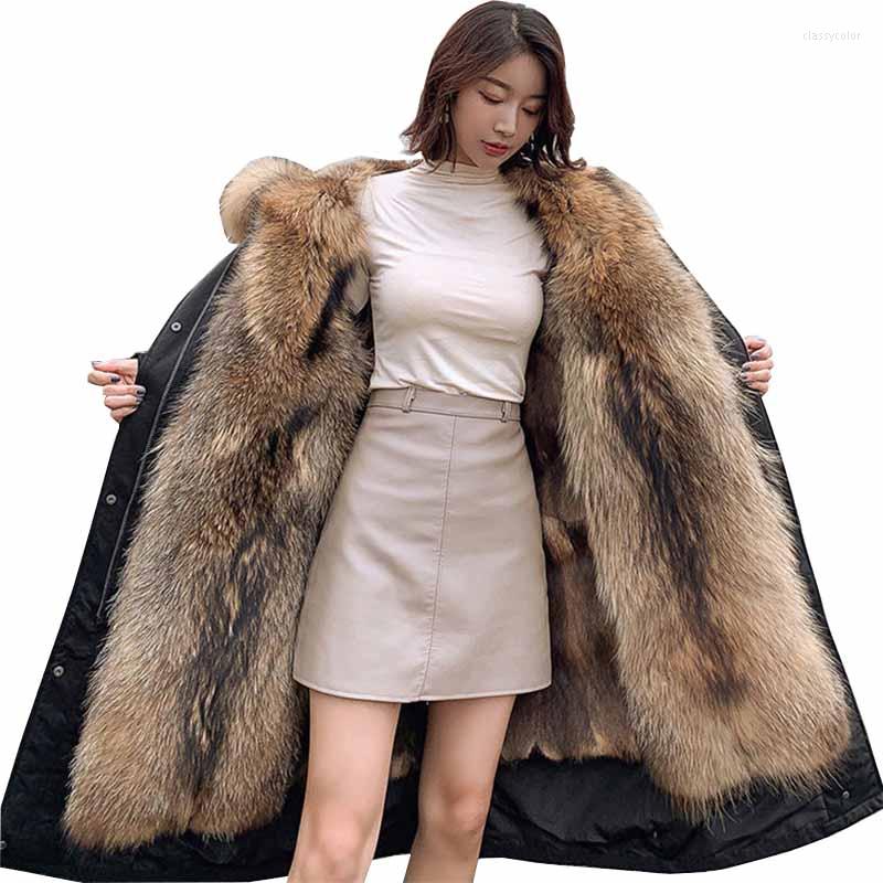 

Women' Fur 2022 Winter Parka Women' Removable Raccoon Liner Thicken Faux Coat Big Collar Hooded Outwear Long Parker KW291, Black long