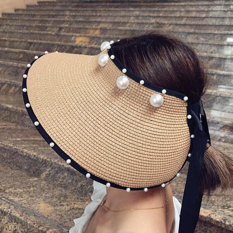 

Wide Brim Hats 2022 Pearl Bow Summer Empty Top Straw For Women Sun Hat Ladies Casual Beach Panama Girls Feminino K 5 Colors, White