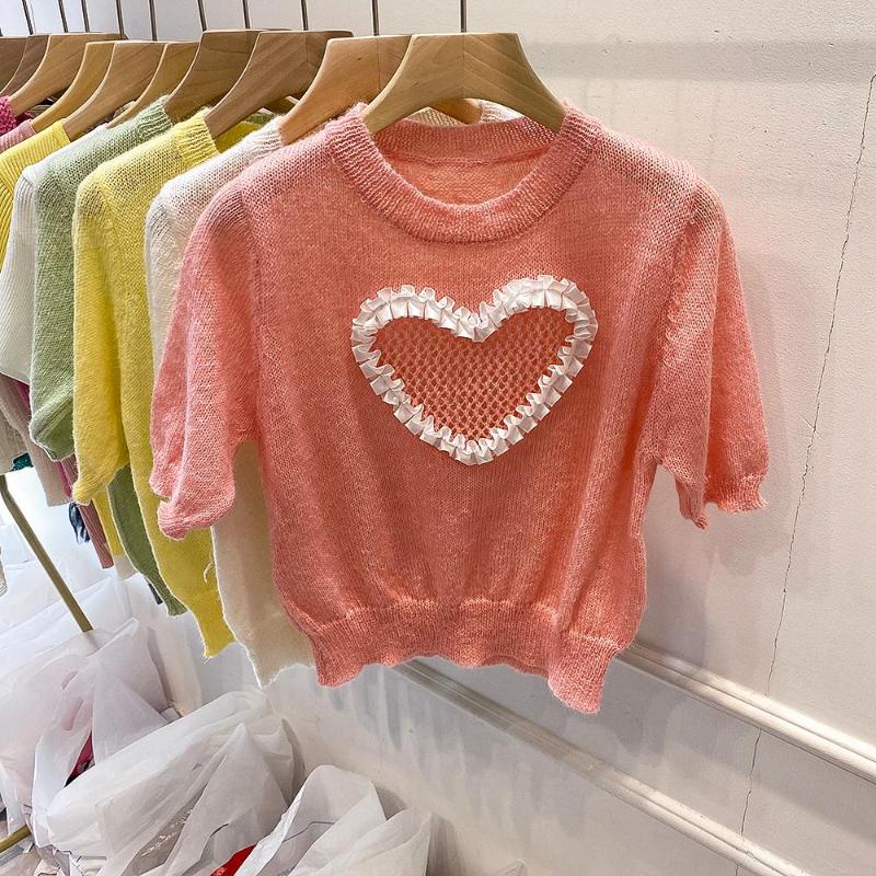 

Women's Sweaters Hollow Out Love Short-sleeved T-shirt Women Knitted Sweater Women's Spring Summer 2022 Loose Short Top Pink Cropped, White