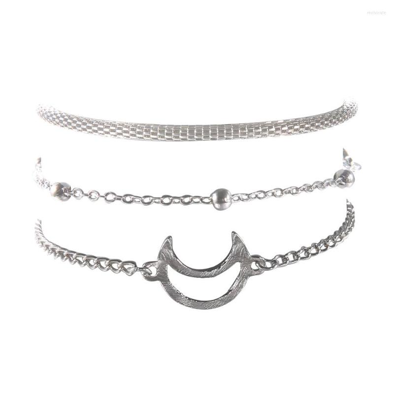 

Link Bracelets 3 Pcs/Set Simple Female Moon Bead Chain Silver Color Bracelet Set Women Fashion Bangle Jewelry Wear