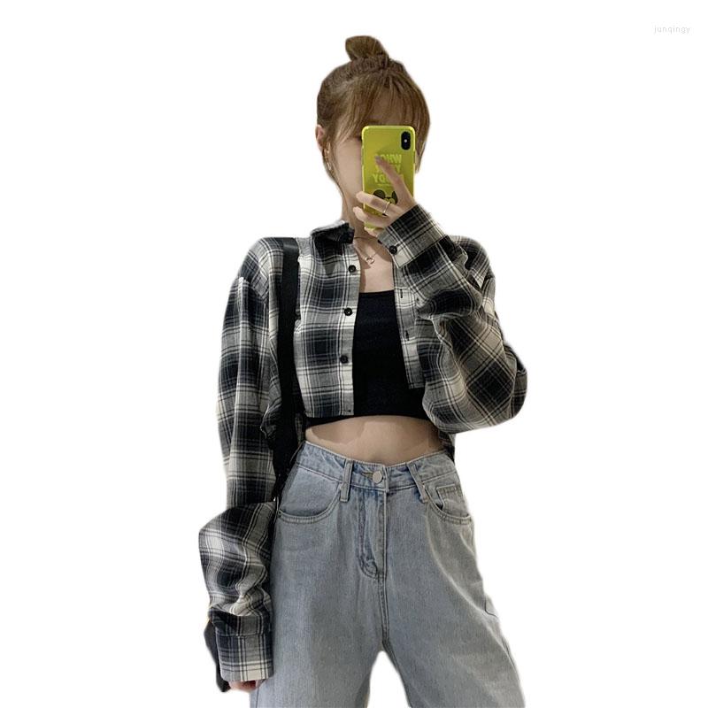

Women' Blouses Retro Plaid Long-sleeve Shirt Women Tops 2022 Spring And Summer Female Student Crop Short Shirts Wholesale NS2546, Black