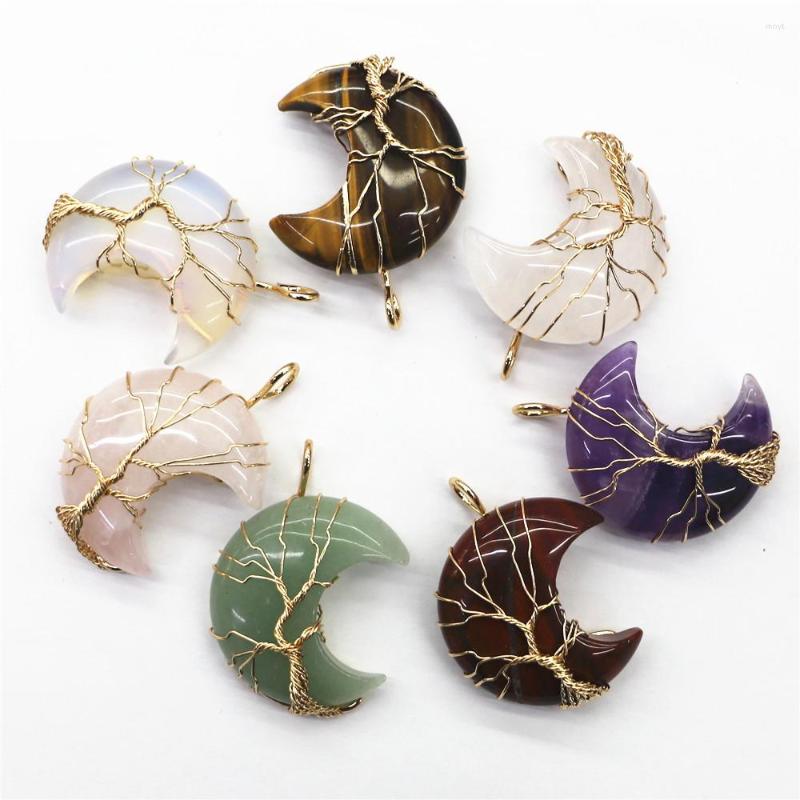 

Pendant Necklaces 5PC Tree Of Life Moon Shape Reiki Natural Crystal Polished Mineral Jewelry Healing Stone For Men Women Gift