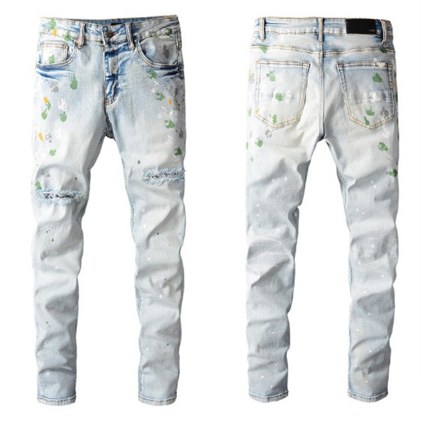 

Men's Jeans light blue hole patch polished white monkey painted printed street slim Korean jeans leggings motorcycle pants