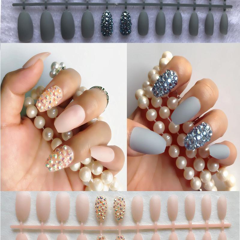 

False Nails Custom 24 Gorgeous Rhinestone Decorative Fake Apricot Blue AB Crystal Press On Matte Flat Head Peelable, Hs28020z