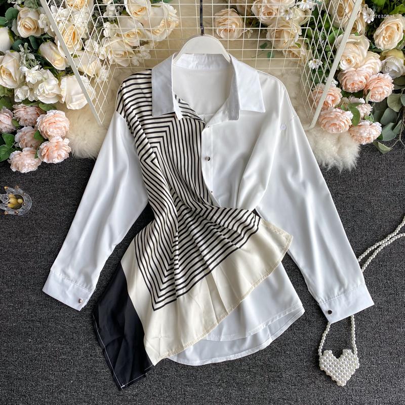 

Women's Blouses 2022 Women Blouse White Collar Ladies Irregular Stitching Color Contrast Long Sleeves Urban Shirt Female Casual Tops