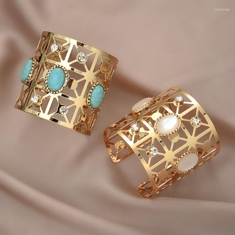 

Bangle Metal Open Bracelet For Women Semi Precious Stone Inlaid With Diamonds Jewelry Simple Personality Trend Hollow Luxury Bracelets