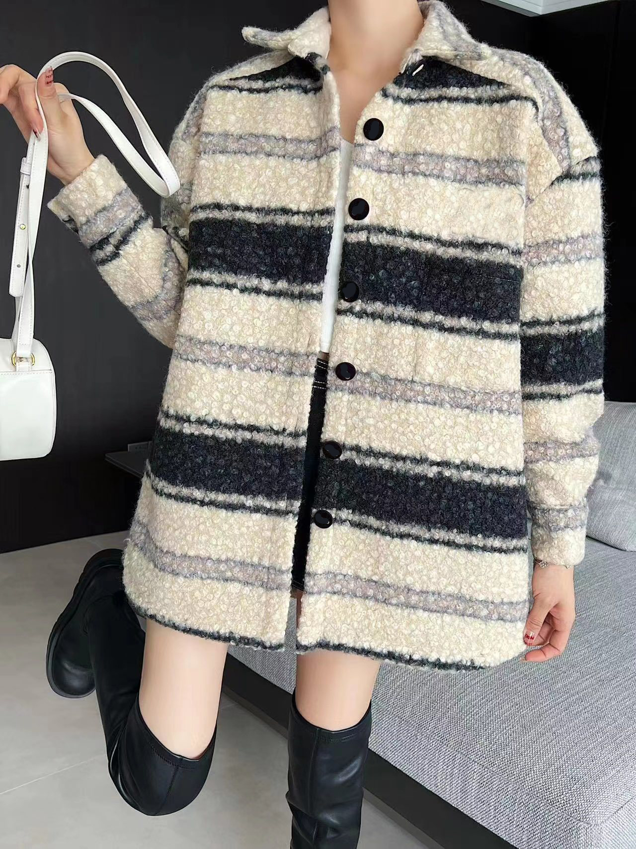 

Women' Wool & Blends Autumn Winter Oversized Warm Soft Thickened Colorful Plaid Woolen Coat Women Luxury Designer Runway Fashion 2022, Black