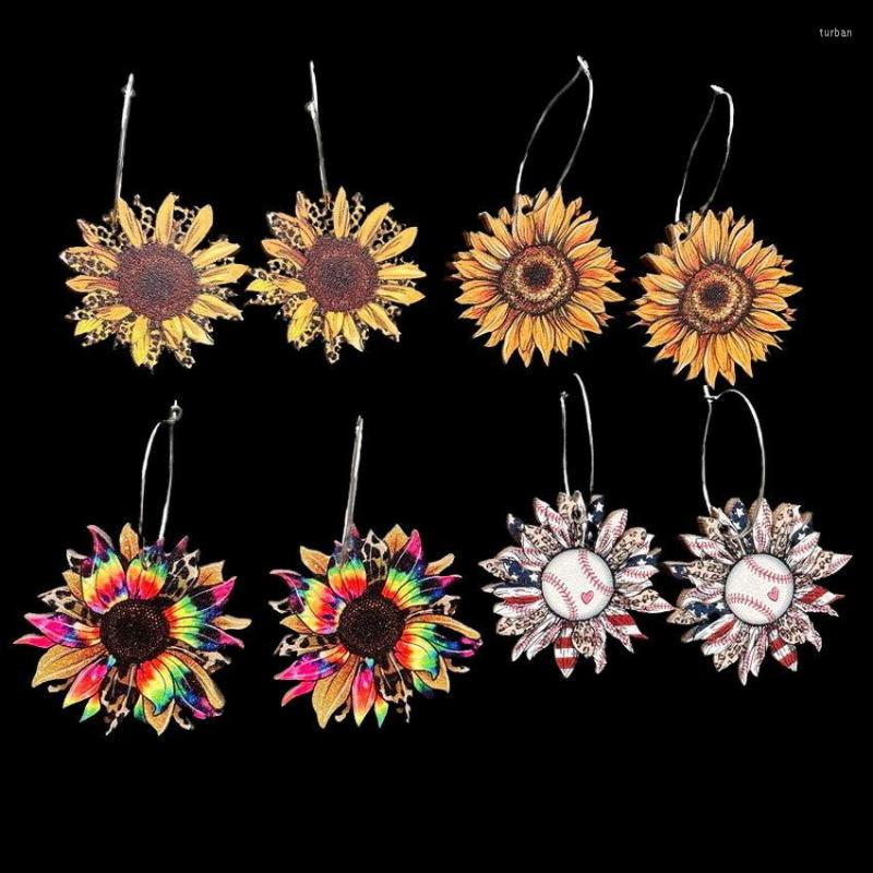 

Dangle Earrings Summer Serape Leopard Sunflower Wood Hoop For Women Fashion Wooden Baseball And