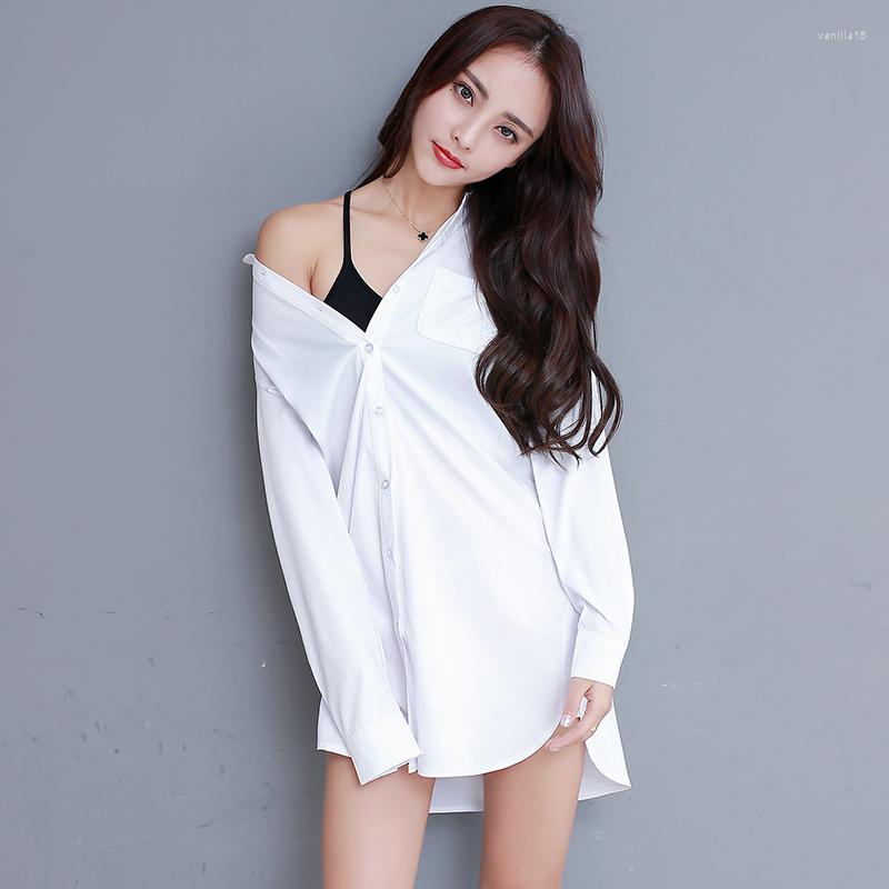 

Women' Blouses Women Blouse White Shirt Long Version Shirts Pocket Tops Girls Sexy Clothes Casual Loose Blusas Feminina