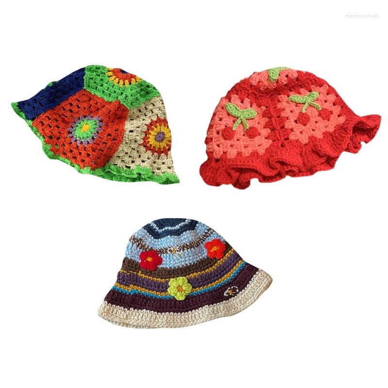 

Berets Summer Crochet Flowers Pattern Fisherman Hat Knitted Bucket Basin Wide Brim Sun Cap Gift For Valentine's Day, 6ee106119-c