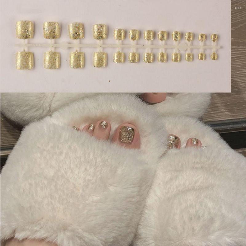 

False Nails Fashion Glitter Strip Desirable Gel Short Square Toe Fake Toenails Toes Decor Nail Art For 24PCS