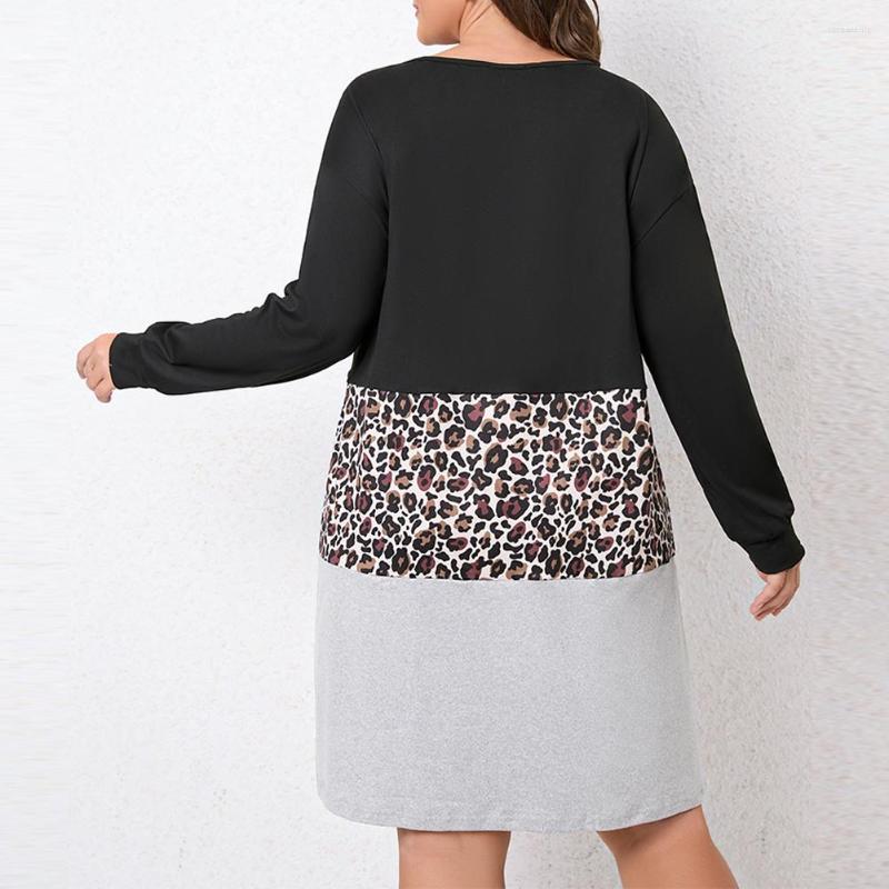 

Plus Size Dresses Women Long Sleeve Casual Loose T-Shirt Dresse Leopard Stitching Dress Colorblock Middle Length  -4XL, Black