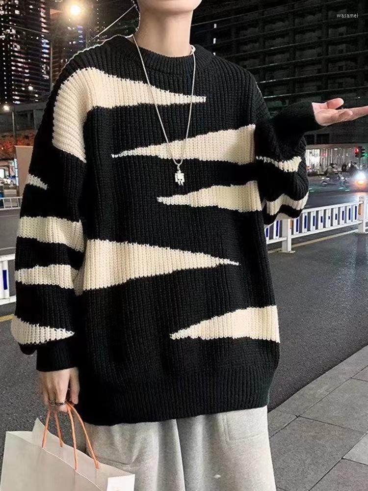 

Men's Sweaters Autumn And 2023 Winter Fashion Loose Knitted Sweater Men's Hong Kong Style Zebra Inner TopBottoming Y2k Clothes Men, Black