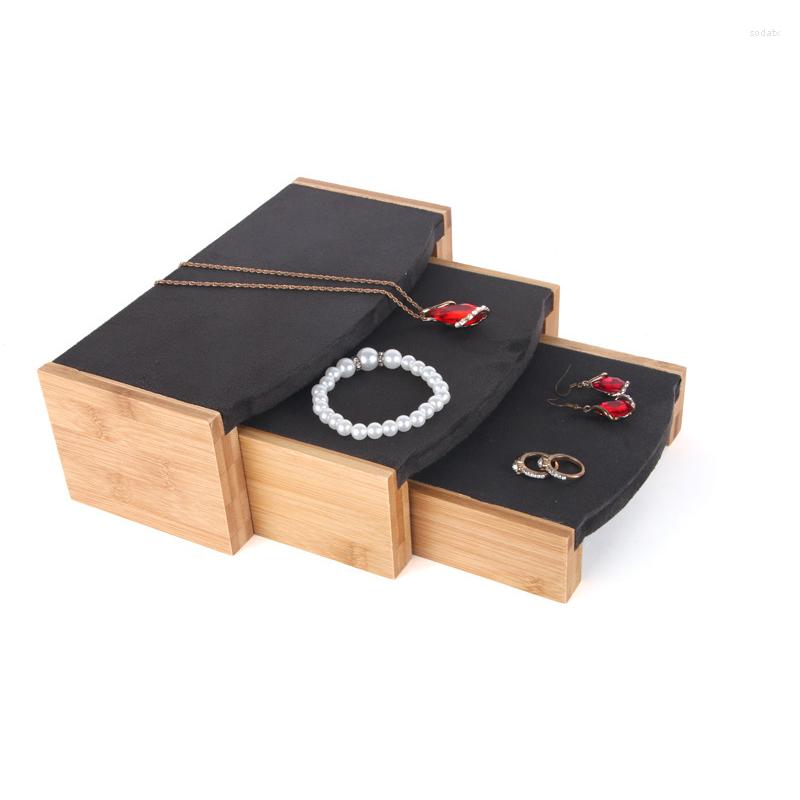 

Jewelry Pouches Black 3 Pcs/Set Solid Wood Arc-shaped Necklace Pendant Display Holder Stand With Microfiber Organizer Showcase