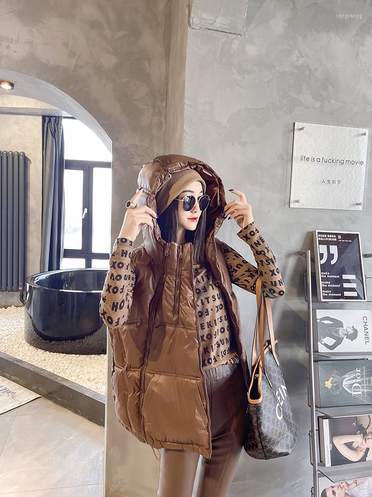 

Women's Vests Winter Parkas Waistcoat Women Fashion Zippers Sleeveless Coat Loose Fit Streetwear Casual Hooded Vest Jackets Warm Female, Coffee