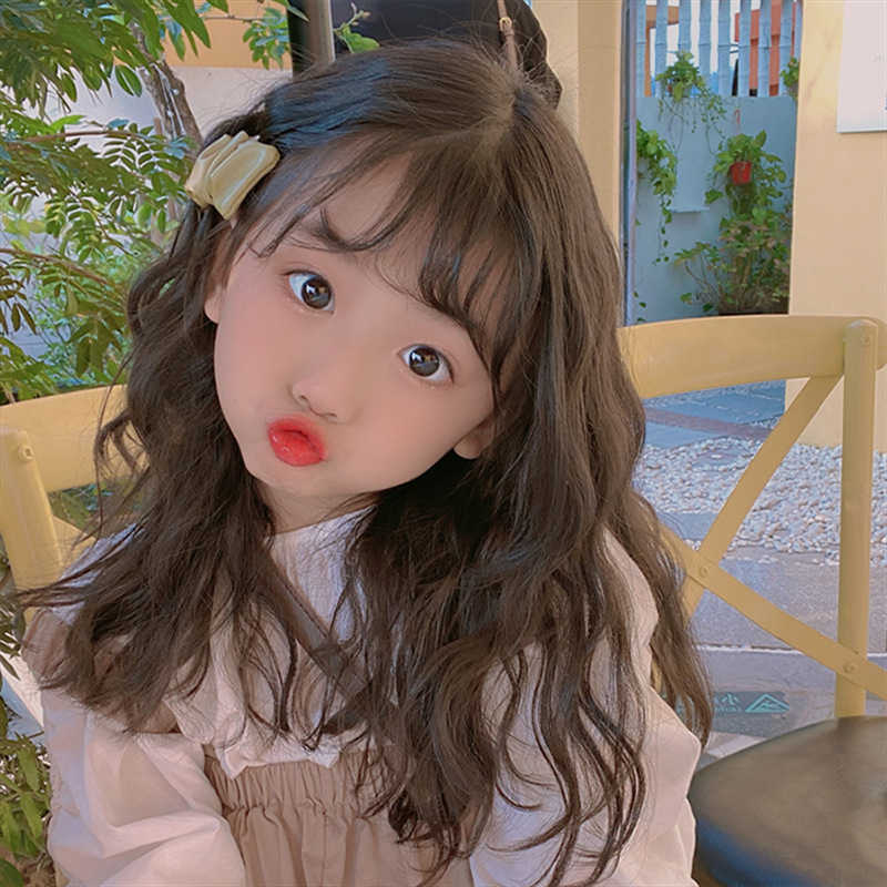 

Hair Lace Wigs Children's Wig Women's Wool Curly Chemical Fiber Head Set Baby's Simulated Air Bangs Medium Long Hair, Black