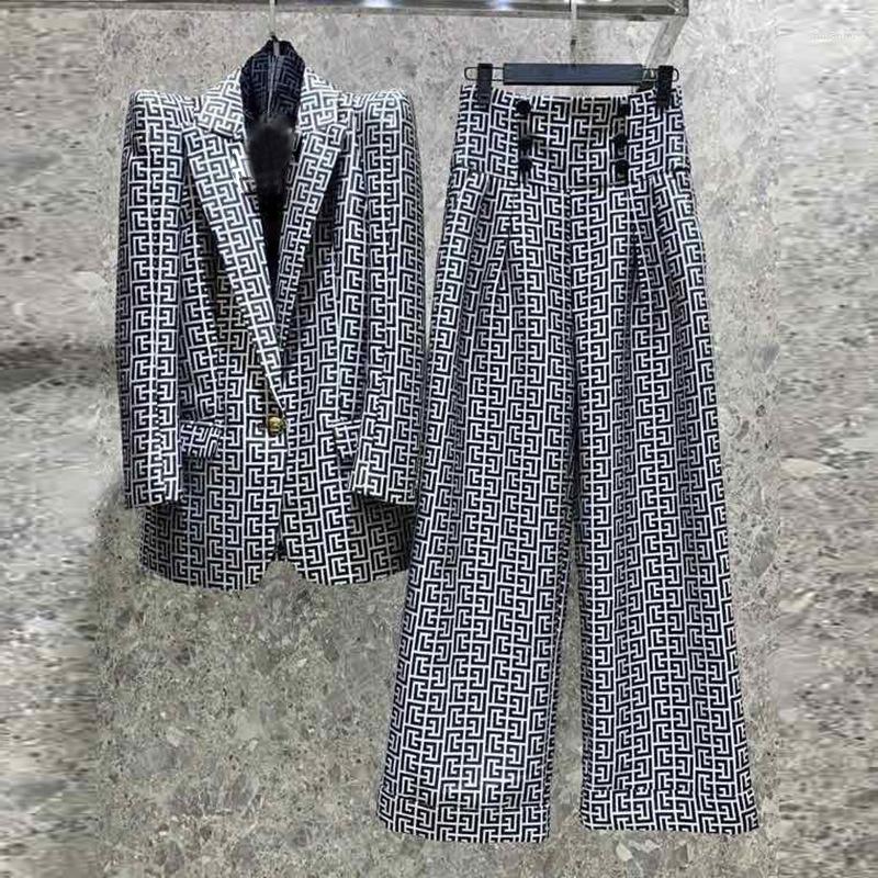 

Women' Two Piece Pants Super Quality 2022 Star Personalized Silhouette Shrug Geometric Pattern Jacquard Button Suit Coat