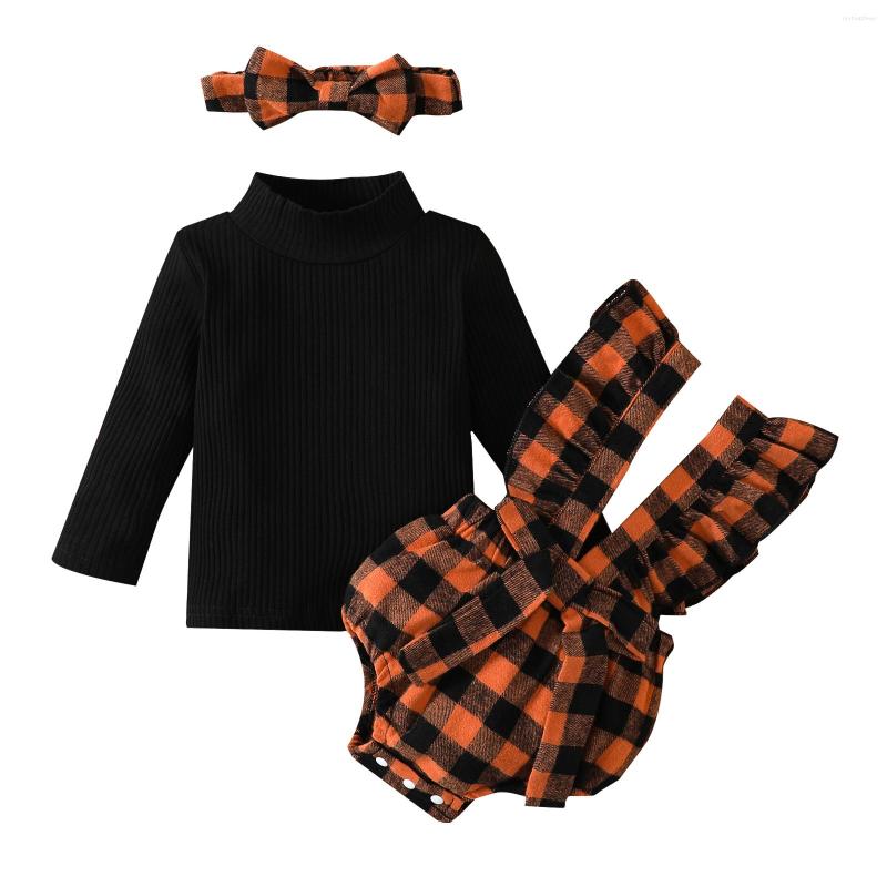 

Clothing Sets Halloween Baby Girls Outfit High Collar Long Sleeve Ribbed Tops Plaid Lace Splicing Bow Suspender Romper Headwear, Picture shown