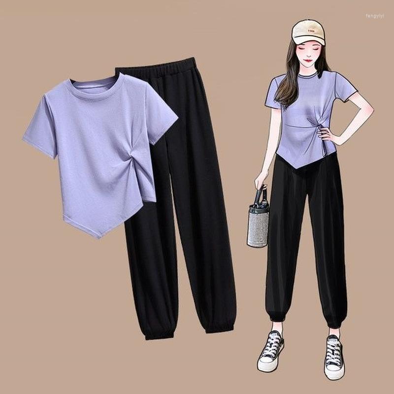 

Women's Two Piece Pants Fashion Clothing Tracksuit Women Summer T-shirt Set Korean Casual 2 Womens Outfits X235, Purple