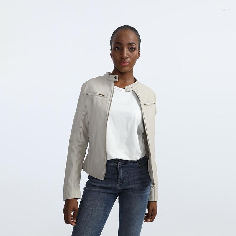

Women' Leather Women Faux Jacket Spring Autumn Zipper Short Coat Streetwear Round Neck Slim PU Motorcycle Jackets Female Casual Outwear, Black