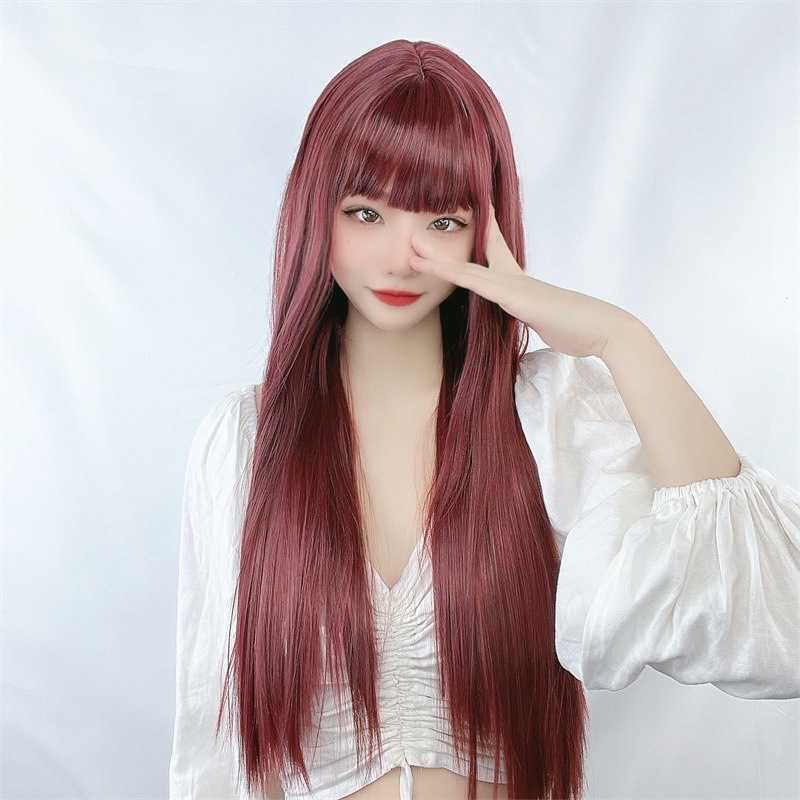 

Hair Lace Wigs Wig Female Wine Net Red Hair Temperament Repair Face Korean Version Black Long Straight Chemical Fiber Headgear