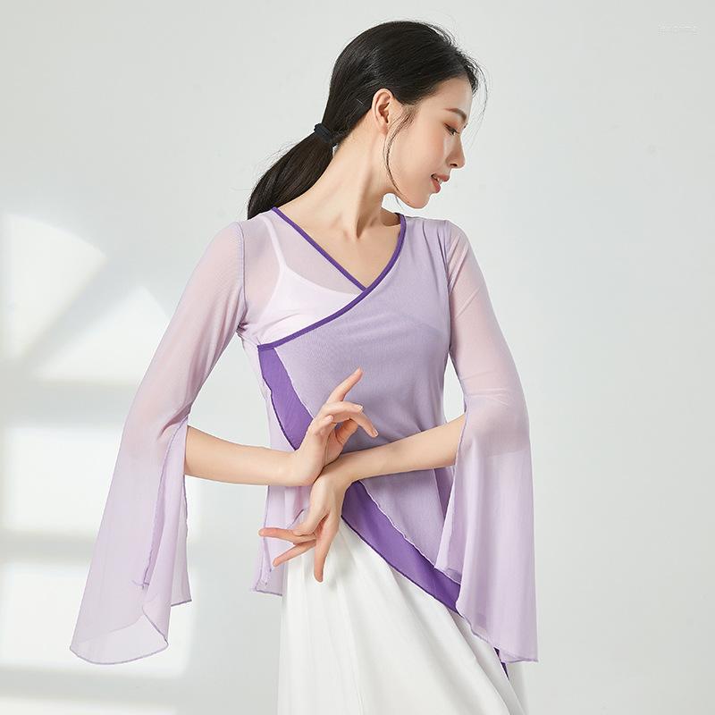 

Stage Wear Adult Mesh Semi Transparent V Neck Split Belly Dance Blouse Flare Sleeves Top For Women Dancing Clothes Clothing, Blue