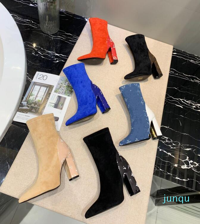 

Ankle Boots Leather Boot Women Star Trail Side Zipper Letter Flower Printed Booties Designer Lady Lace Chunky Heel Outsole, Burgundy